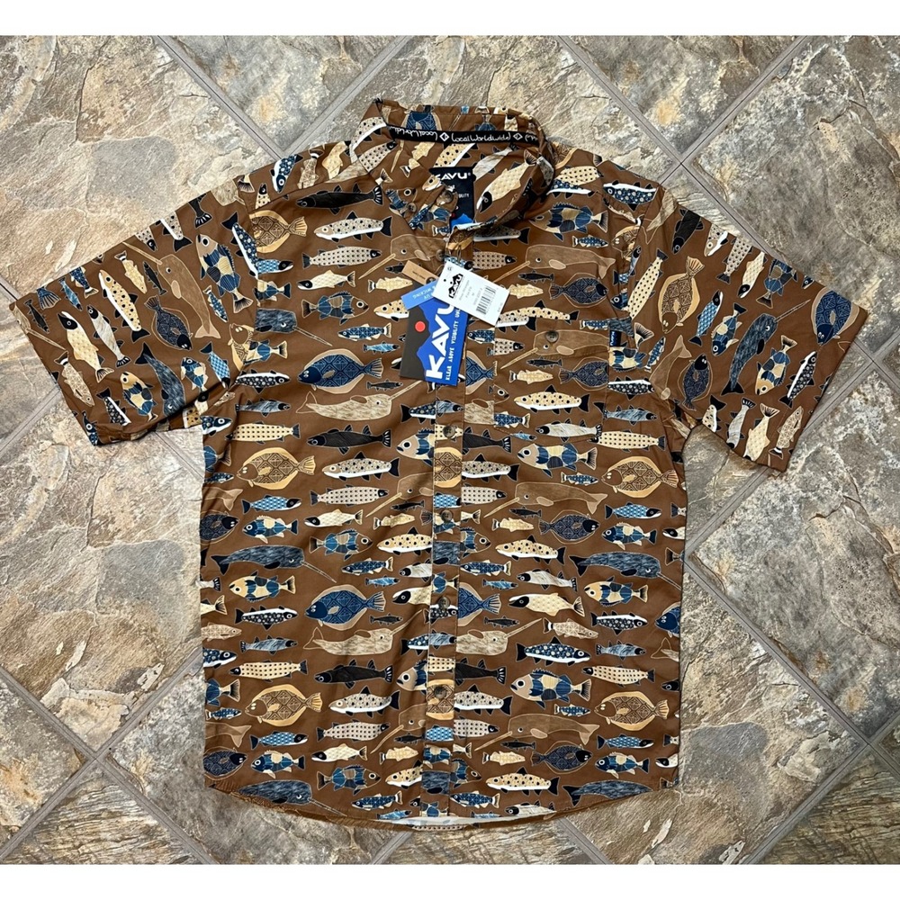 KAVU River Wrangler Shirt Mens M Brown Fish Print S/S Button Down NWT UV Wicking
